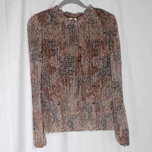 JOIE NWOT Shimmer Brocade High Neck Blouse Long Sleeve Smocked Waist Metallic L